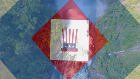 animación de cuadrados en rojo, blanco y azul y bandera de américa sombrero sobre el bosque y el mar