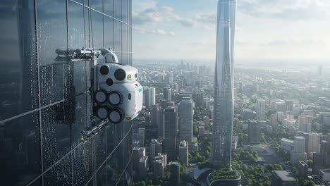 a futuristic window cleaning robot enhancing skyscraper maintenance with advanced technology in a bustling urban landscape