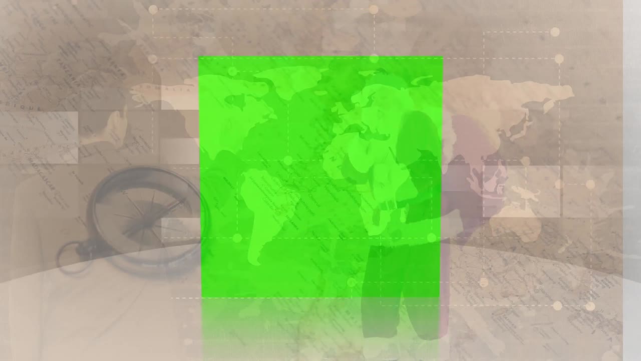 산타클로스와 나침반을 가진 세계 지도 위의 tv 사각형의 애니메이션.