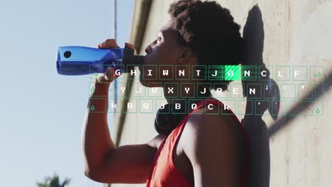 Animation-of-data-processing-over-african-american-man-drinking-water-during-city-run