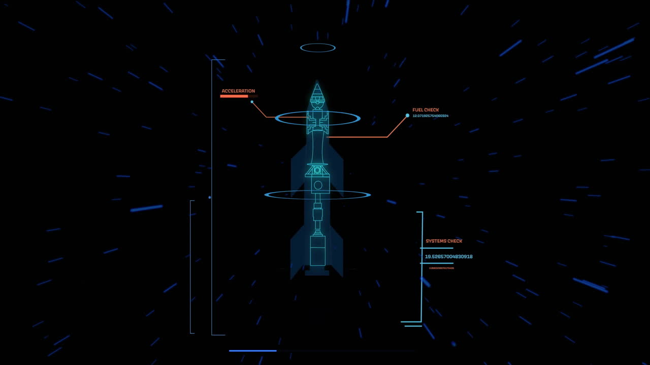 검은색 배경에 빛의 흔적에 대한 데이터 처리를 가진 로켓 모델의 애니메이션