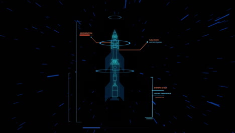 animación de modelo de cohete con procesamiento de datos sobre rastros de luz sobre fondo negro