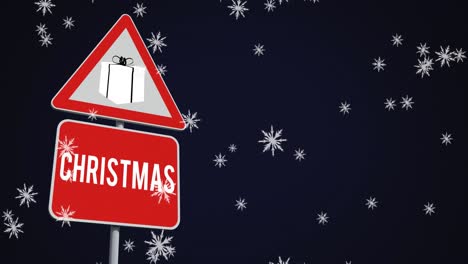 Digital-animation-of-snowflakes-falling-over-christmas-text-and-gift-box-on-signboard