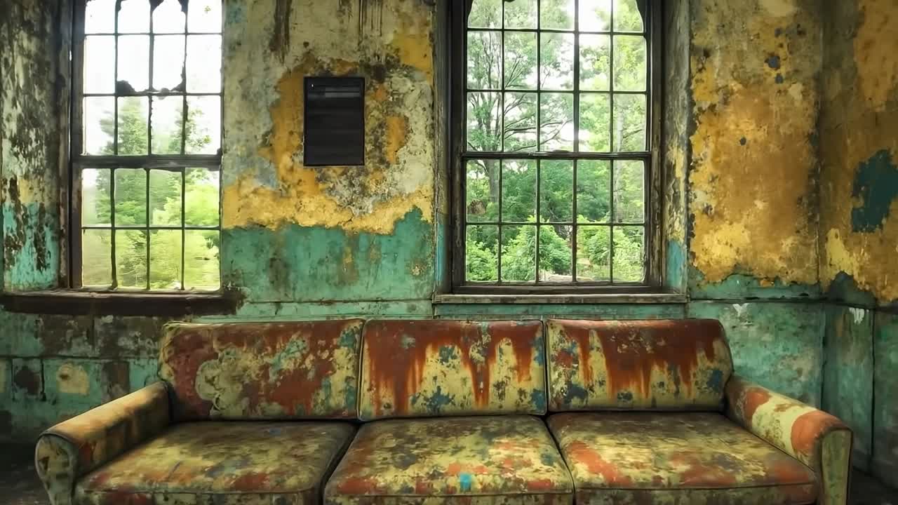 벽 에 페인트 가 벗겨지는 버려진 방 에 앉아 있는 소파
