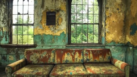 a couch sitting in an abandoned room with peeling paint on the walls