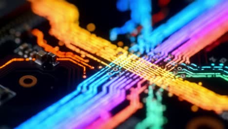 captivating close-up of colorful circuit board patterns showcasing intricate electronic pathways and modern technology connectivity
