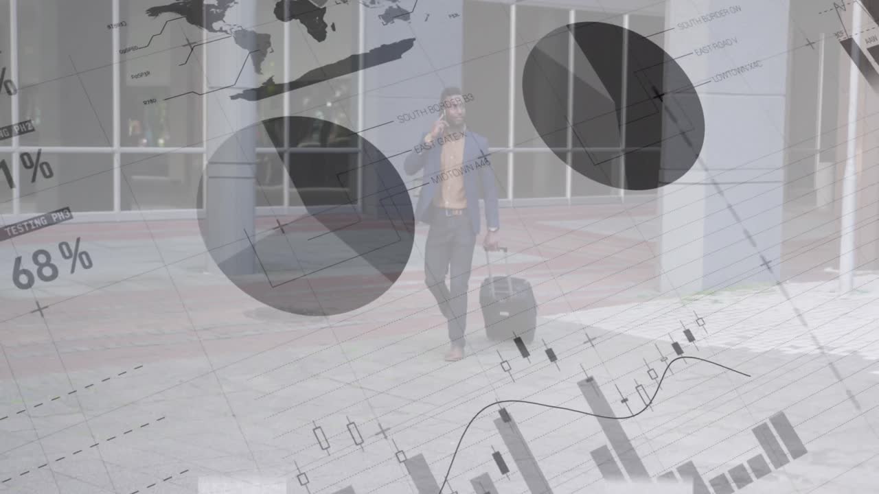 스마트폰으로 이야기하는 트롤리 가방을 가진 아프리카계 미국인 사업가에 대한 데이터 처리 애니메이션