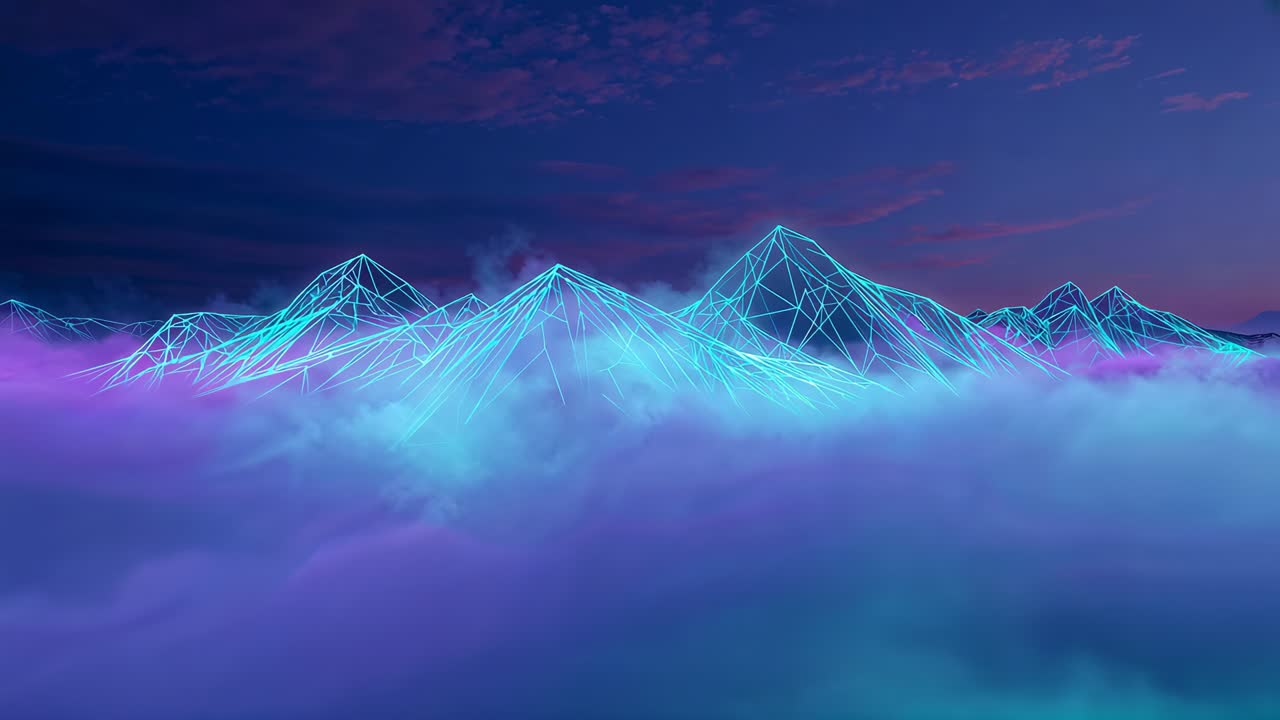 Pulling camera forward from distance at dusk, revealing neon cyan wireframe peaks above purple fog