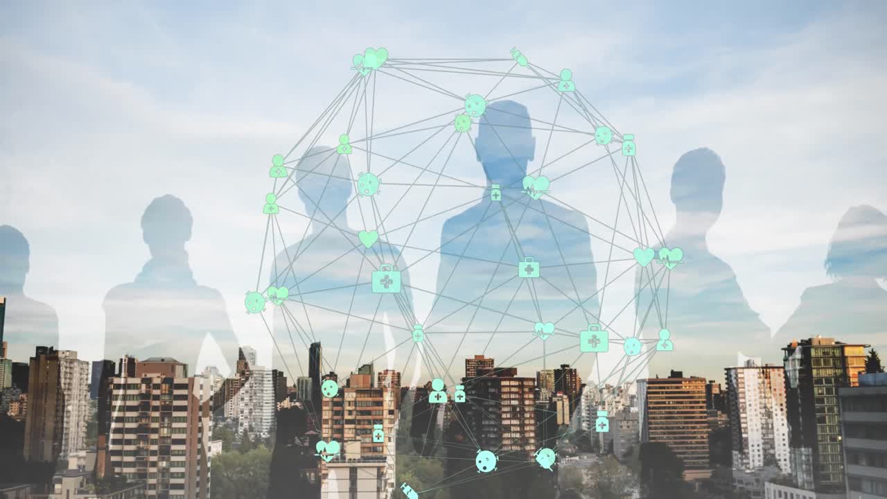 Animation of tech icons with connections and people silhouette over cityscape