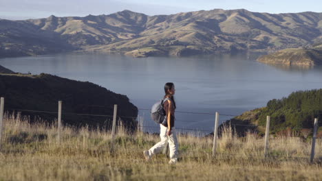 backpacker female on the scenic routes of akaroa hike in new zealand