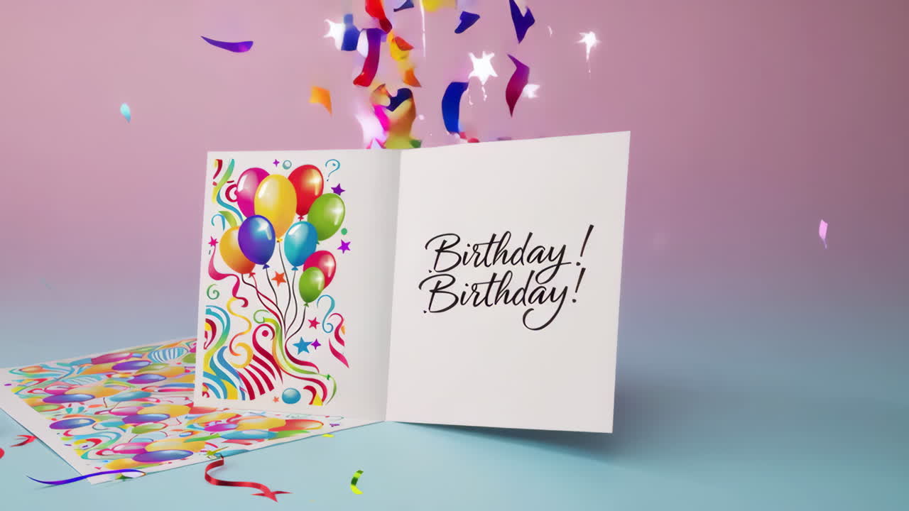 Open Birthday Card with Balloons and Confetti