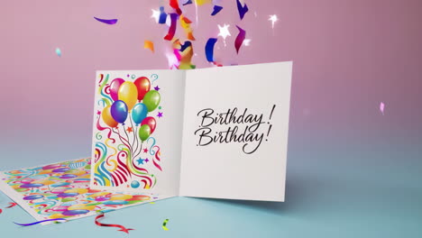 open birthday card with balloons and confetti