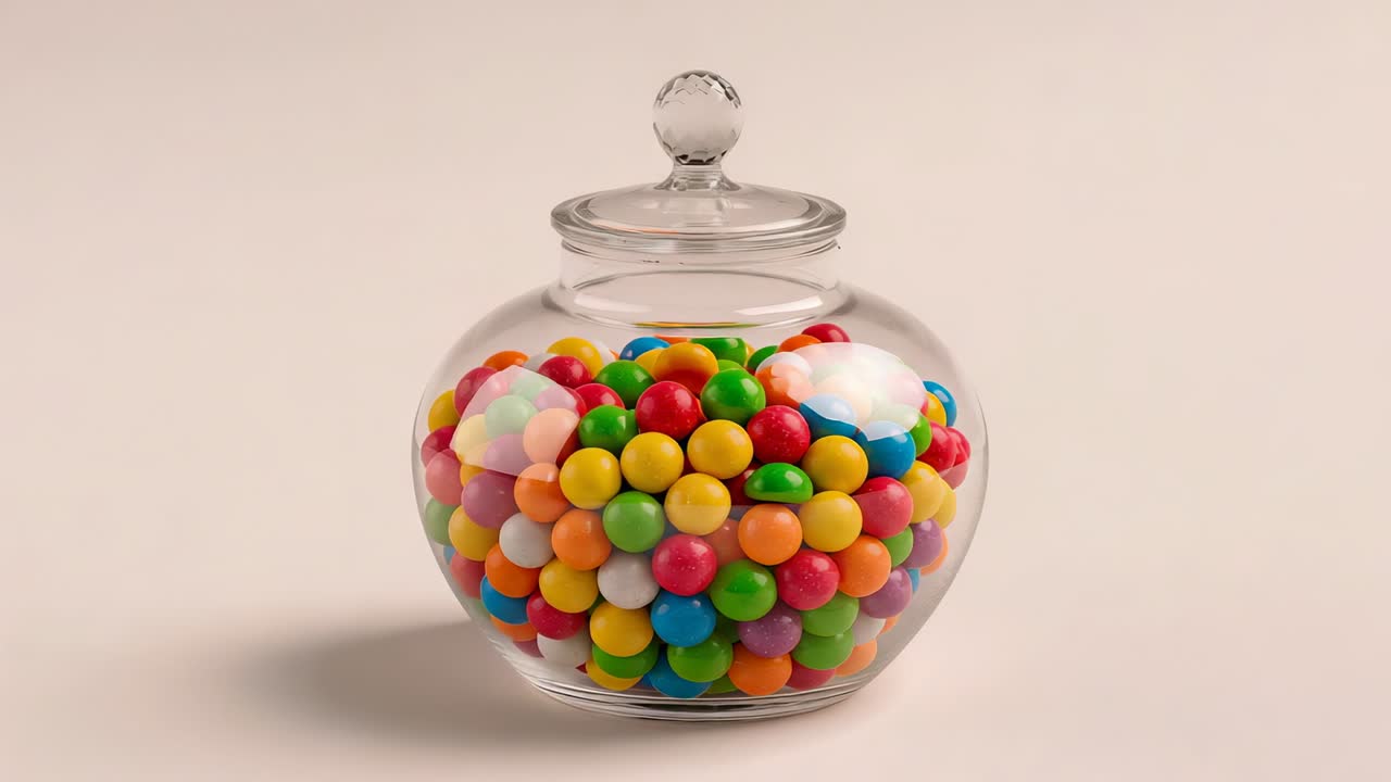 Shifting soft lights causing glass jar lid glare to move on beige tabletop showing bright candies
