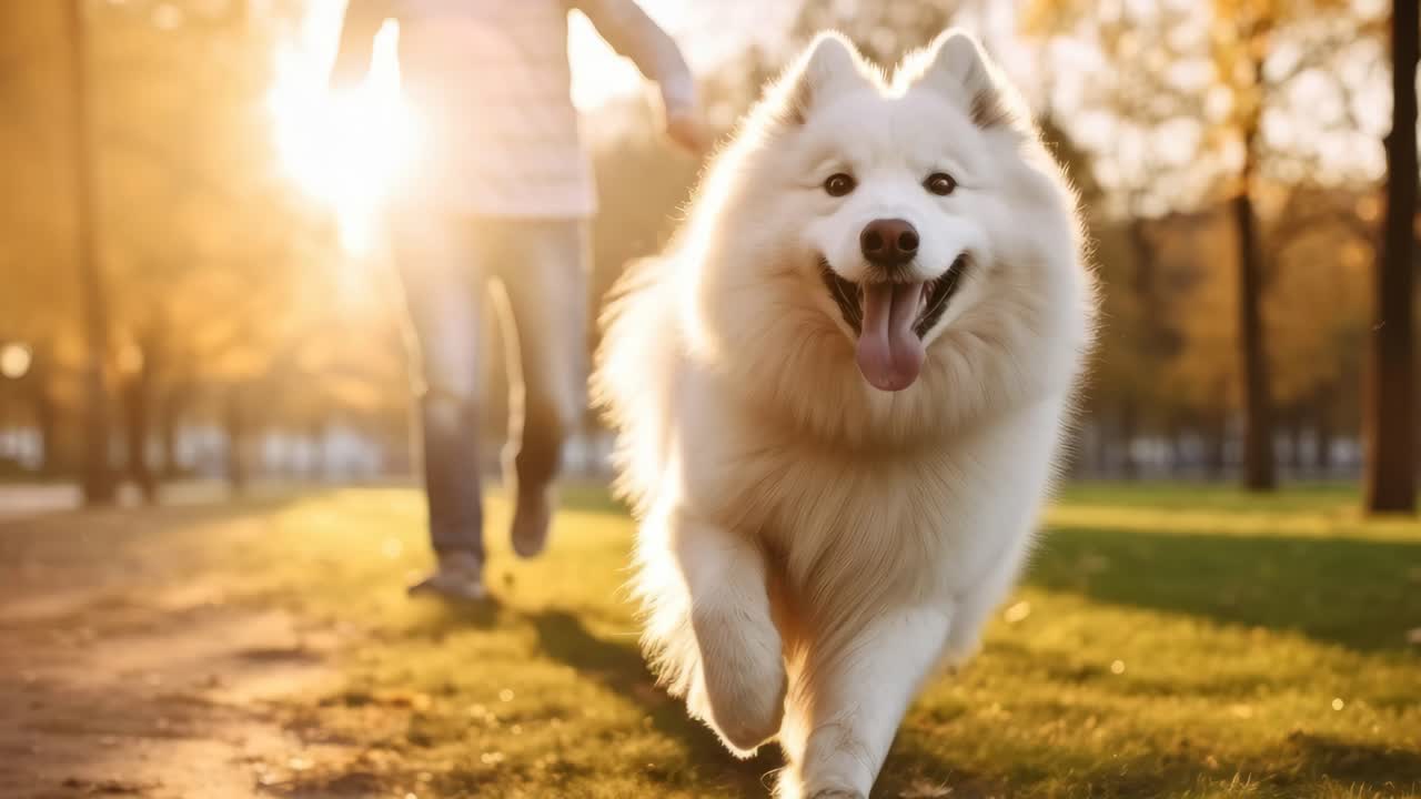 Ein fröhlicher Hund rennt in einem sonnendurchfluteten Park auf die Kamera zu, mit einer Person im Hintergrund.