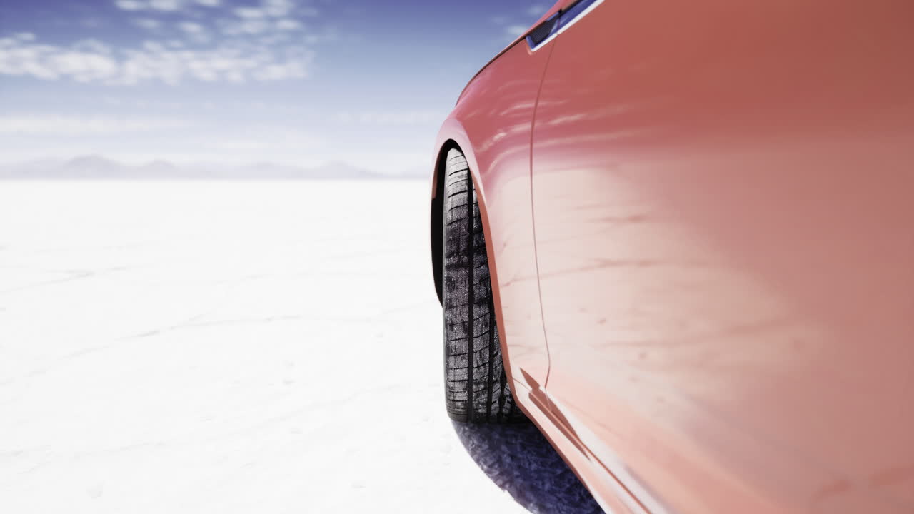 Orange car parked on salt flat under blue sky with clouds