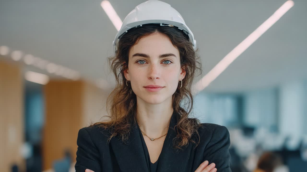 Selbstbewusste, junge Fachkraft mit Bauhelm demonstriert Führungsqualitäten und Entschlossenheit in einer modernen Büroumgebung