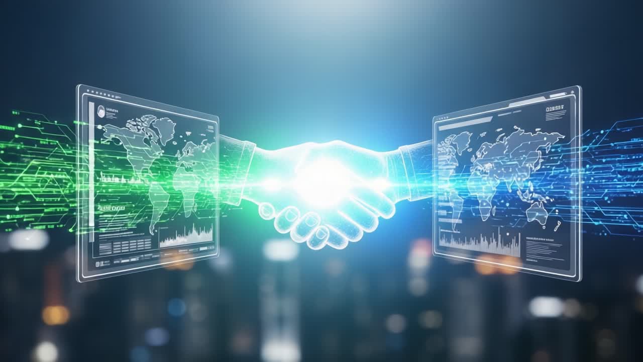 A Virtual Collaboration Scene: Two Digital Hands Engaging in a Firm Handshake Amidst High-Tech Data and Connectivity Elements in a Futuristic Setting