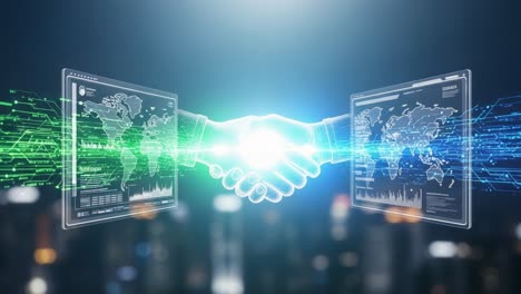 a virtual collaboration scene: two digital hands engaging in a firm handshake amidst high-tech data and connectivity elements in a futuristic setting