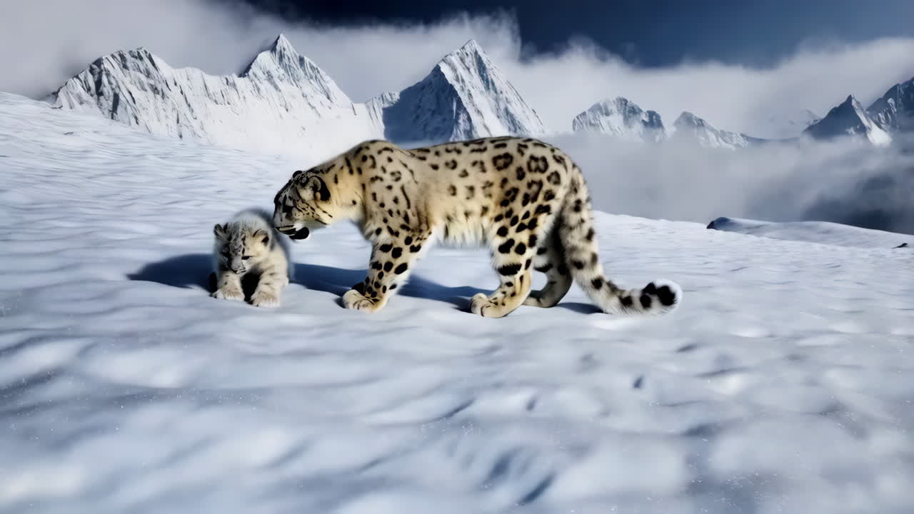 Snow Leopard Mother and Cub in a Snowy Mountain Landscape