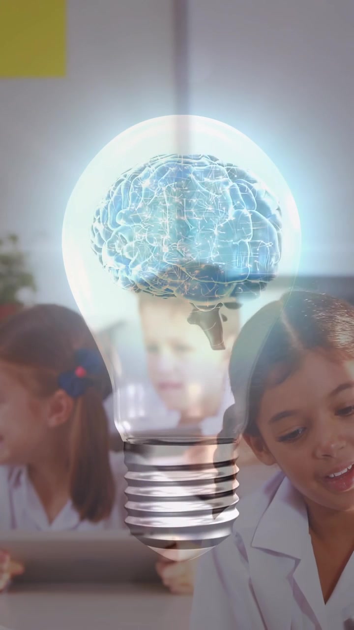 Vertical video: Students tapping tablets sparking bulb brain overlay focusing braided girl learning
