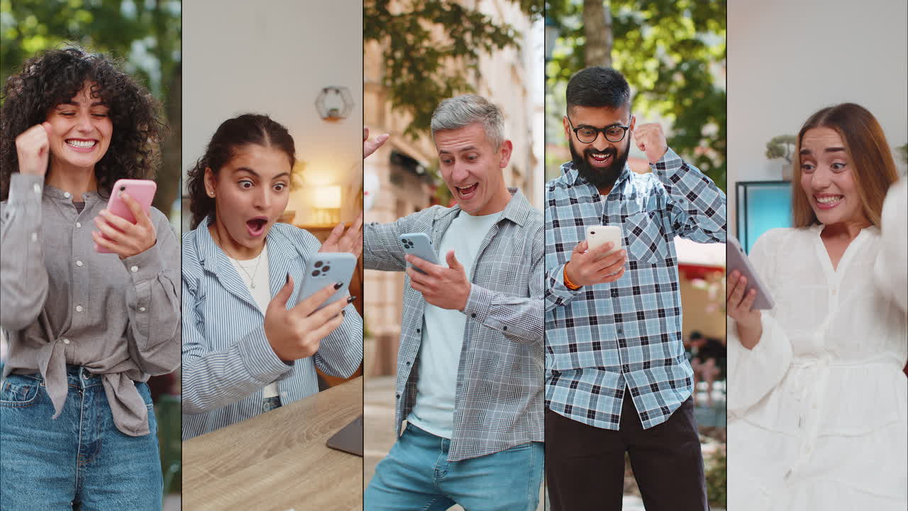 흥분한 행복한 사람들의 콜라지 남자 여자 스마트폰 사용 승리를 축하 승리 좋은 소식 게임