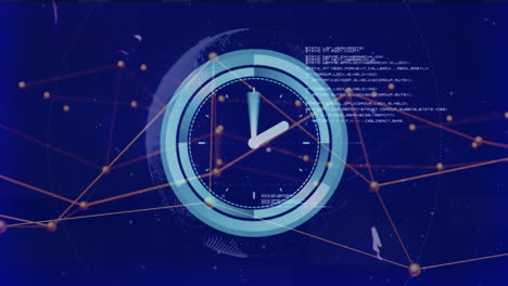 Clock face with moving hands and network connections animation on blue background
