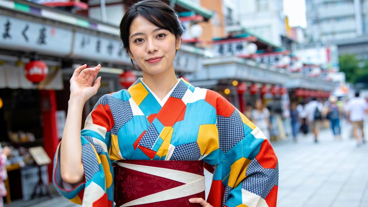 In posa per la fotocamera, donna in kimono con cintura obi che alza la mano su una via dello shopping con lanterne.