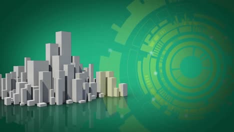 animación de círculos de escaneo que giran sobre modelos 3d de edificios en fondo verde