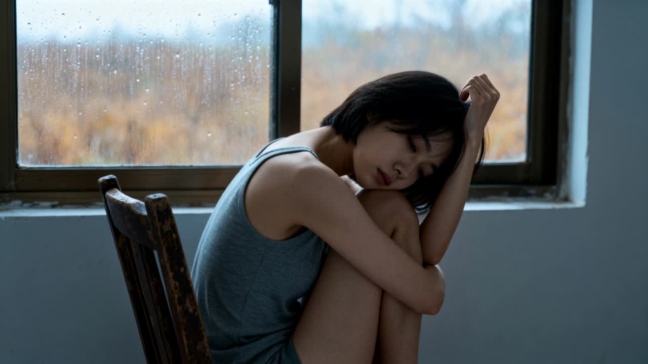 雨が窓を叩く音の中、椅子に座った女性が膝を抱え、握り直しながら精神的な健康を思って外を見つめている。