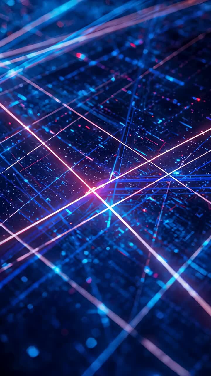 Vertical video: Emerging magenta beam creating neon-blue grid pulsing in dark void with particles