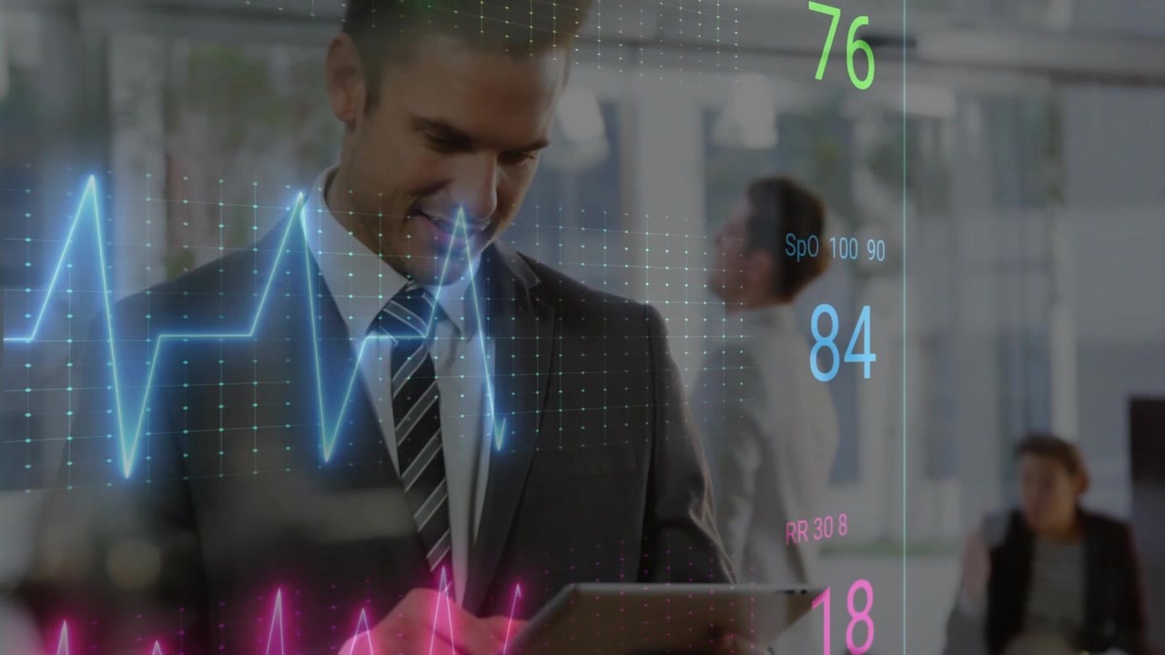 Utente che tocca il tablet avviando il pannello ECG, forma d'onda che sposta i valori, aggiornamento, telecamera che si abbassa per la revisione