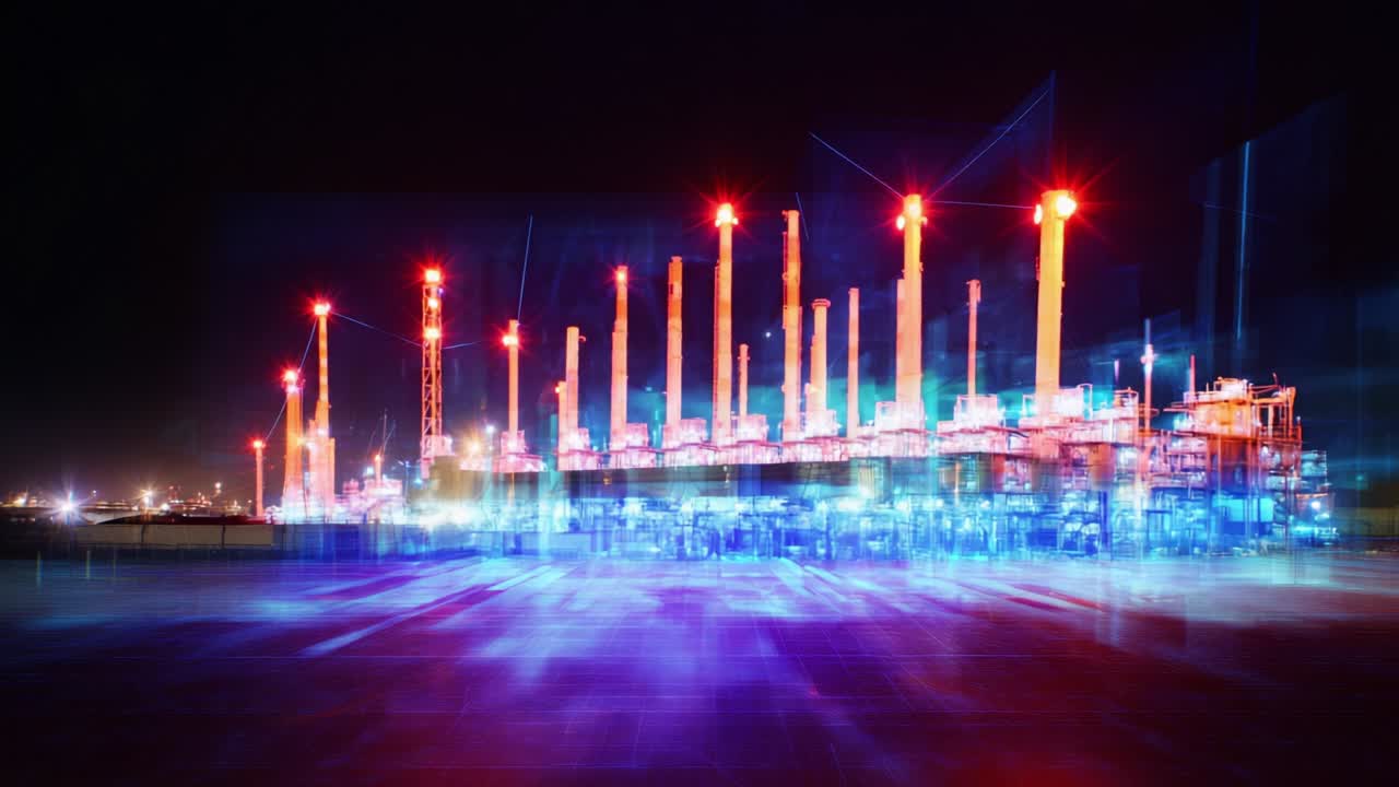 A Stunning Display of Industrial Lights and Motion at Night: Capturing the Energetic Essence of a Vibrant Construction Site with Luminous Beams and Dynamic Movement in a Cityscape