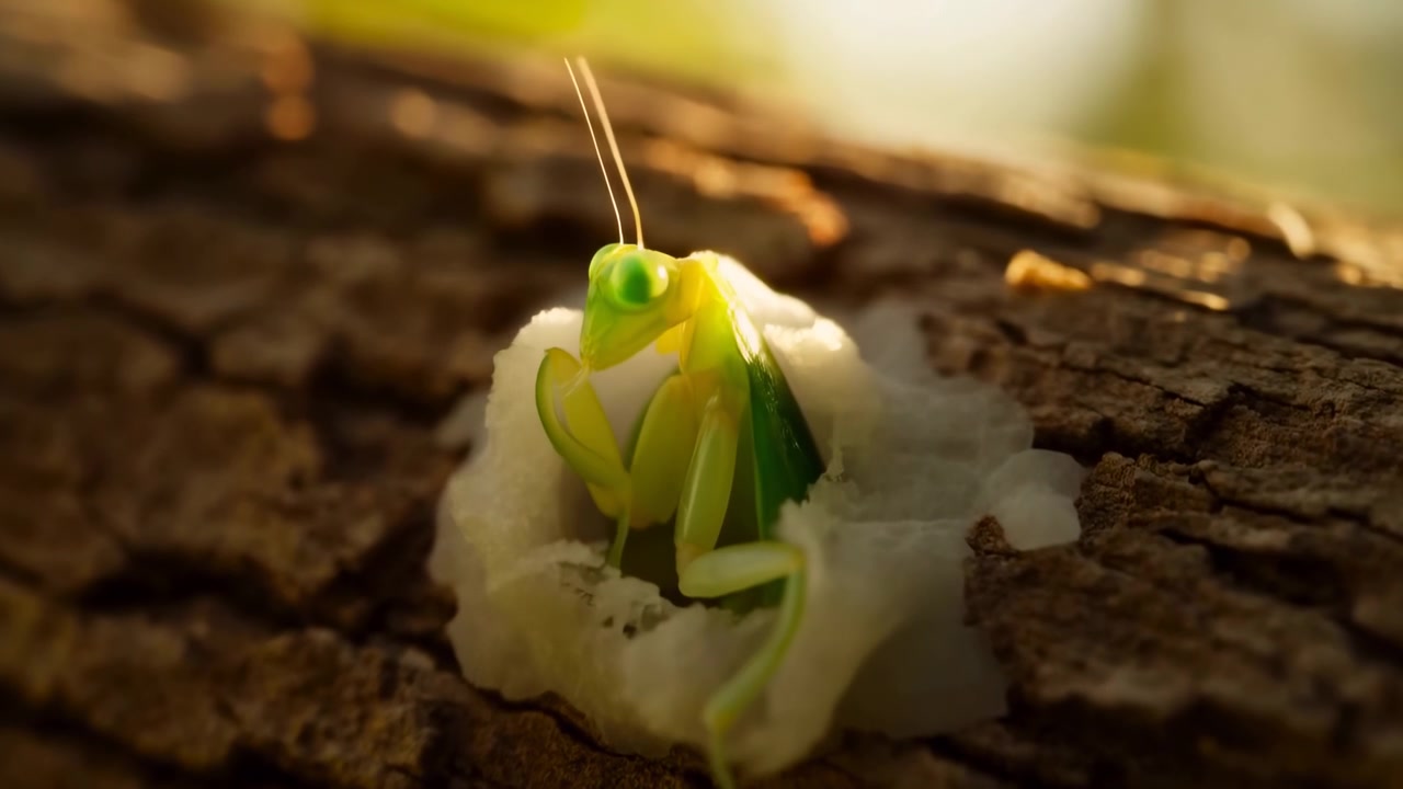 Close-up motion scene of bright green insect emerging from pale cottony foam nest lodged in cracked tree bark, with warm backlight, shallow depth, and detailed natural texture, with insect, emerging