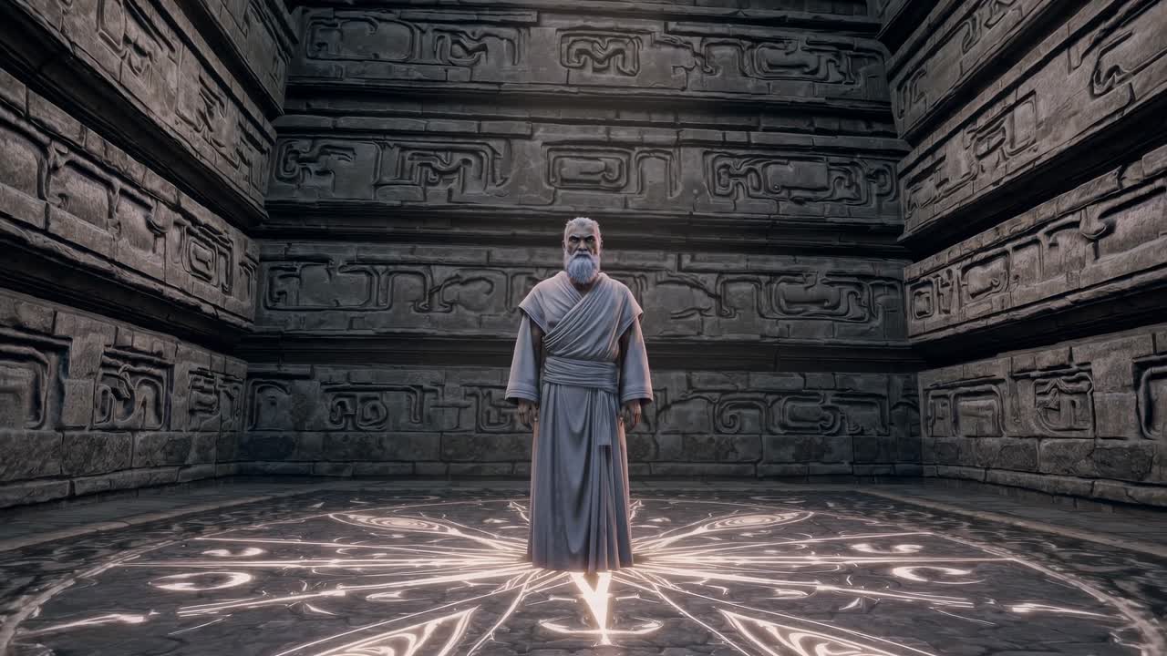 Old mystic with a long white beard standing in a glowing magic circle within an ancient temple, surrounded by intricately carved stone walls, radiating mystery and spirituality