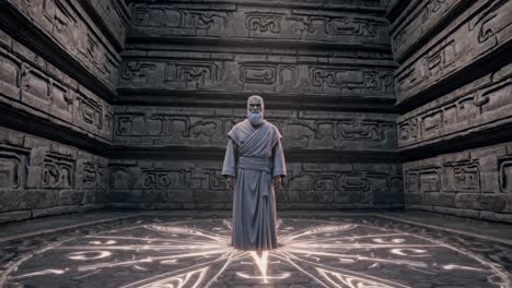 old mystic with a long white beard standing in a glowing magic circle within an ancient temple, surrounded by intricately carved stone walls, radiating mystery and spirituality