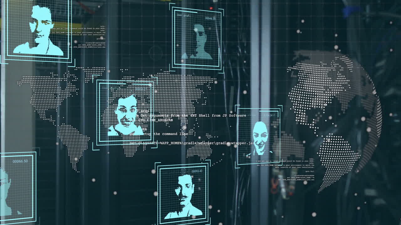 Animation of changing profile icons, world map and spinning globe against computer server room
