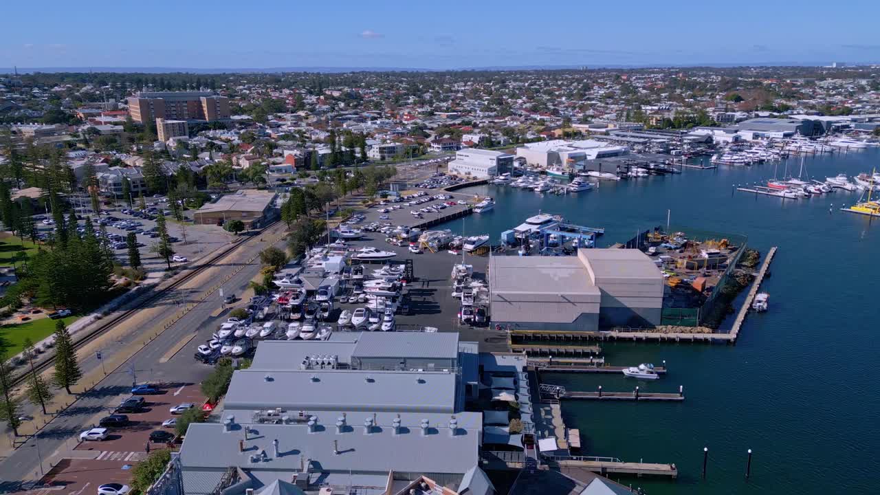 Aerial view of Fremantle boat harbour, Little Creatures Brewery and suburbs, Perth, Western Australia