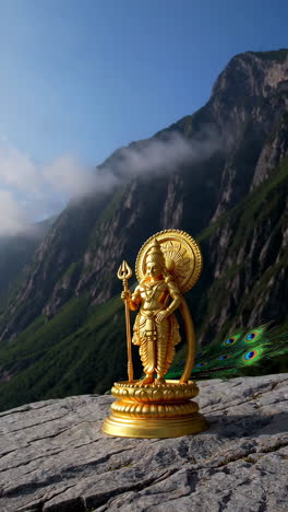 golden statue of a hindu deity against a mountain landscape