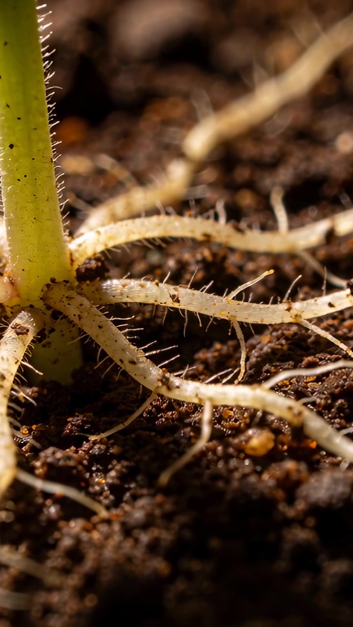 Vertical video: Shifting camera revealing seedling stem in pot soil, exposing roots and root hairs