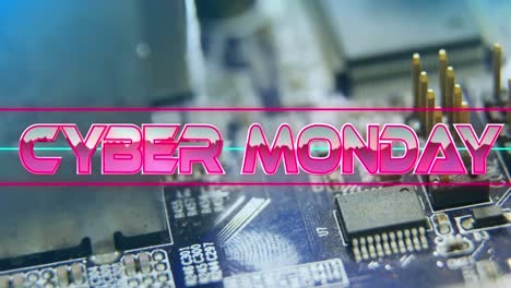 Cyber-monday-text-on-neon-banner-against-close-up-of-microprocessor-connections-on-motherboard