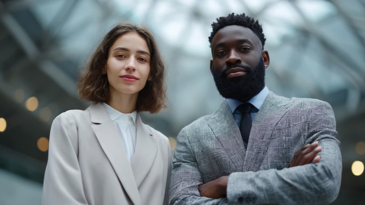 Confident Professionals Exude Charm and Style in Modern Business Attire, Capturing the Essence of Ambition and Collaboration in a Stunning Urban Setting