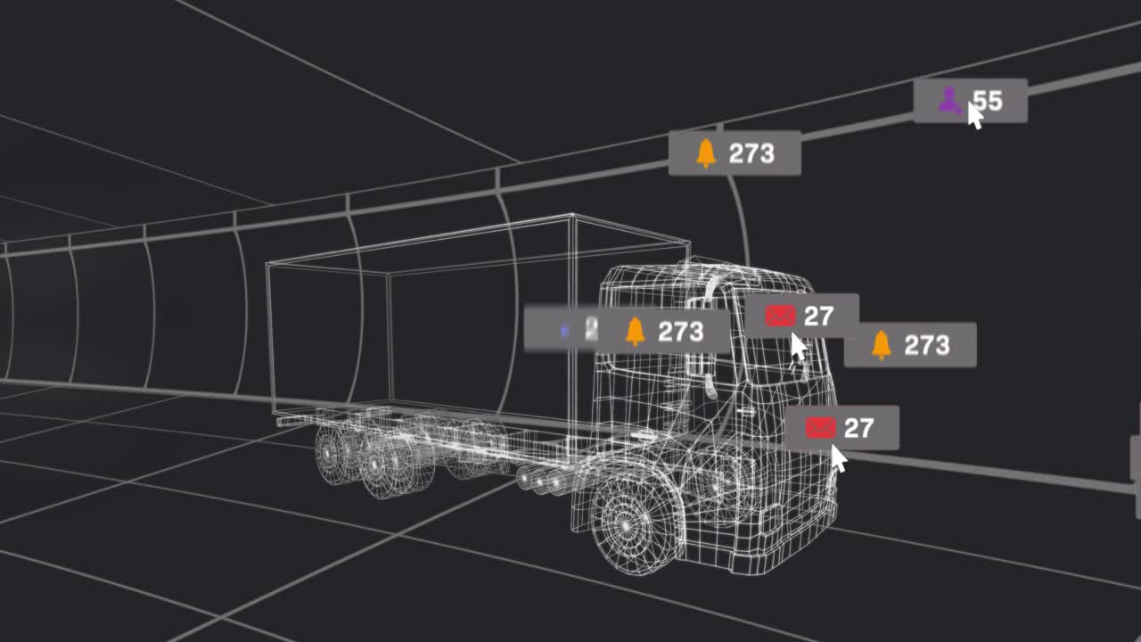 Outline appearing initiating count, icons updating counts showing data on wireframe truck in tunnel
