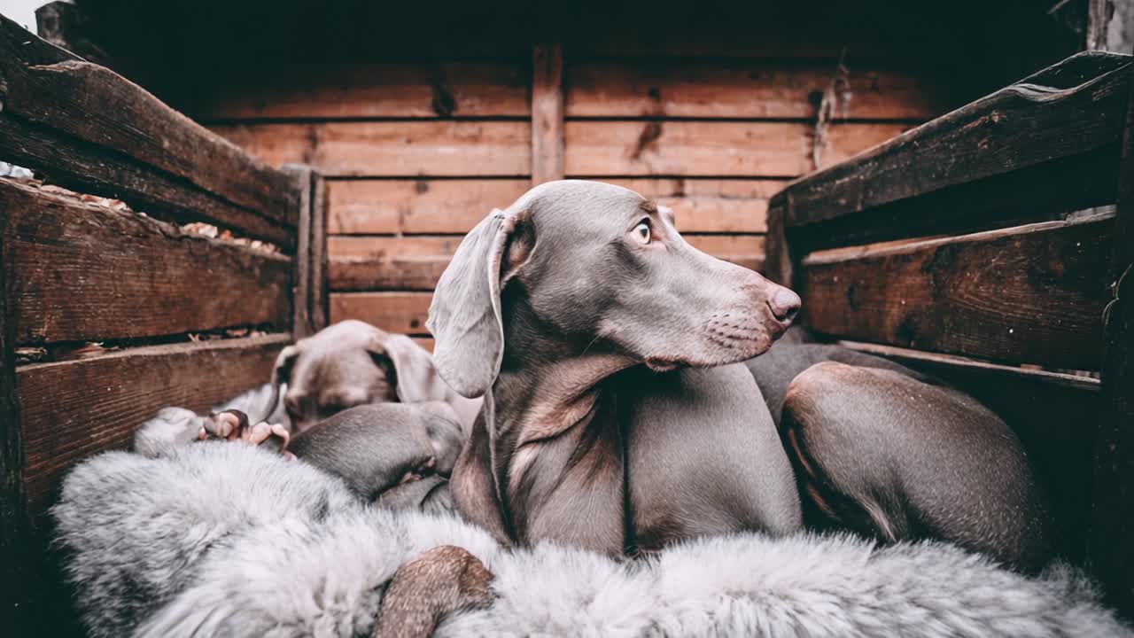 To Weimaranere slapper af i et hyggeligt træindhegning med et blødt tæppe, fanget i et roligt øjeblik af sindsro og kammeratskab.