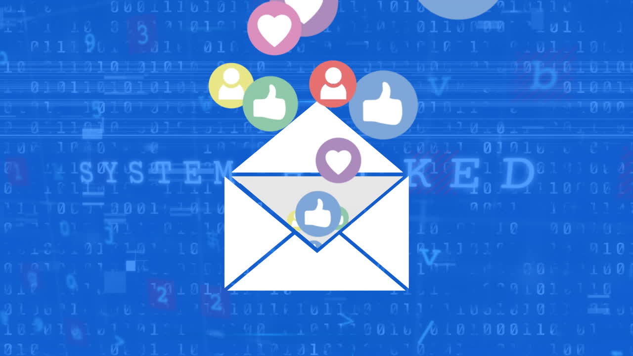 animación del sobre con iconos sobre codificación binaria en fondo azul