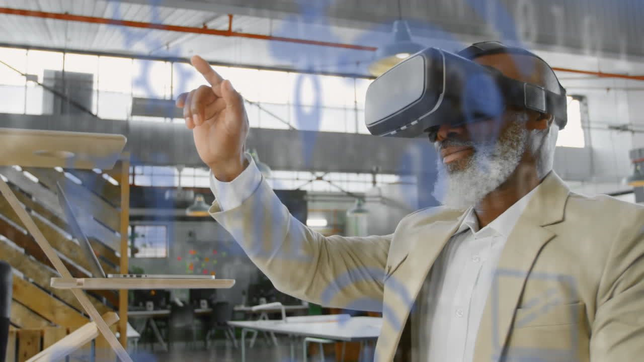 Animation of social media icons and data processing over african american man wearing vr headset