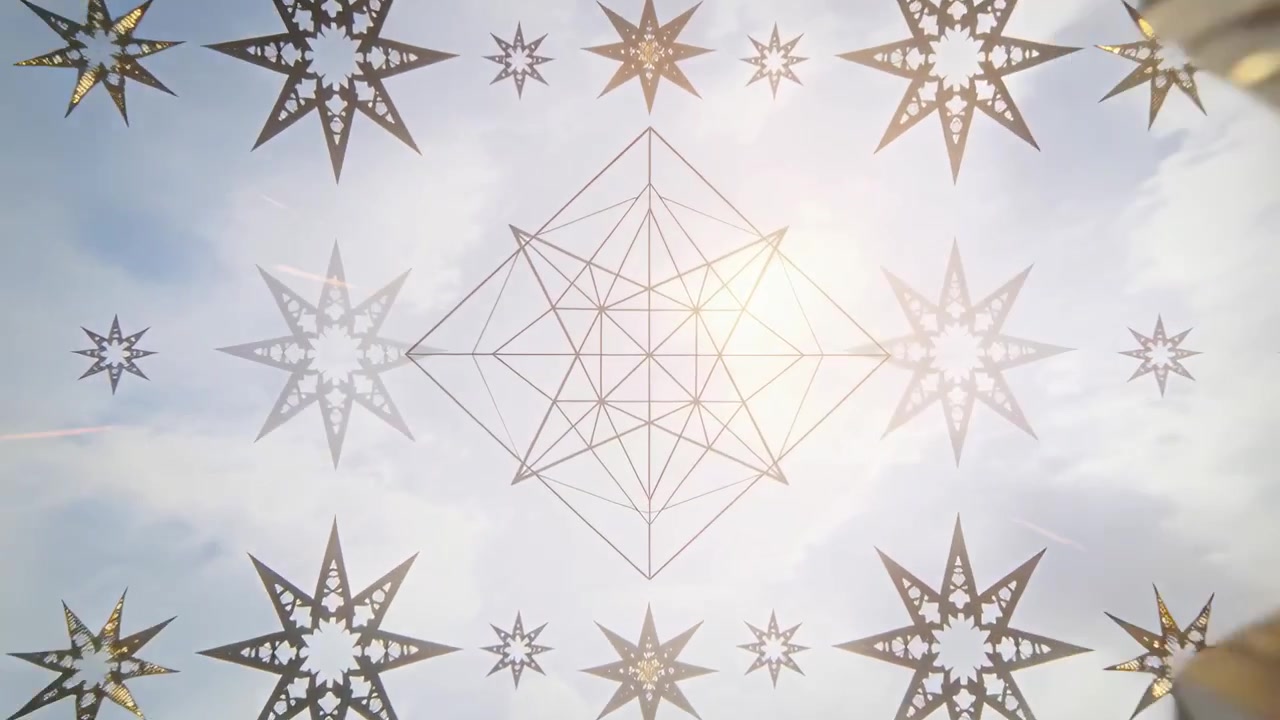Zurückfahrende Kamera enthüllt großes goldenes Sternenfachwerk am Himmel, zeigt kleine Sterne, Drahtgittermodell, Sonne.