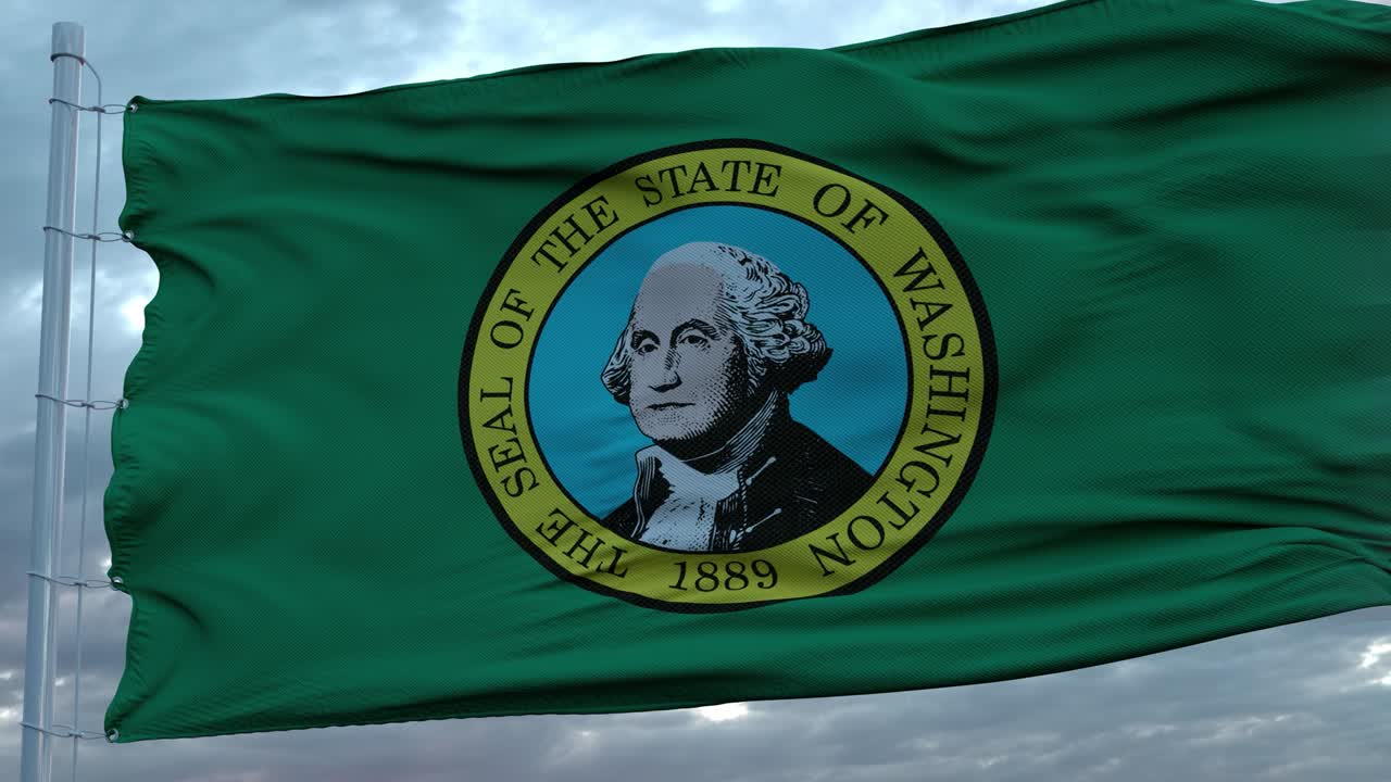 estados unidos y washington bandera mixta ondeando en el viento. washington y estados unidos bandera en el mástil