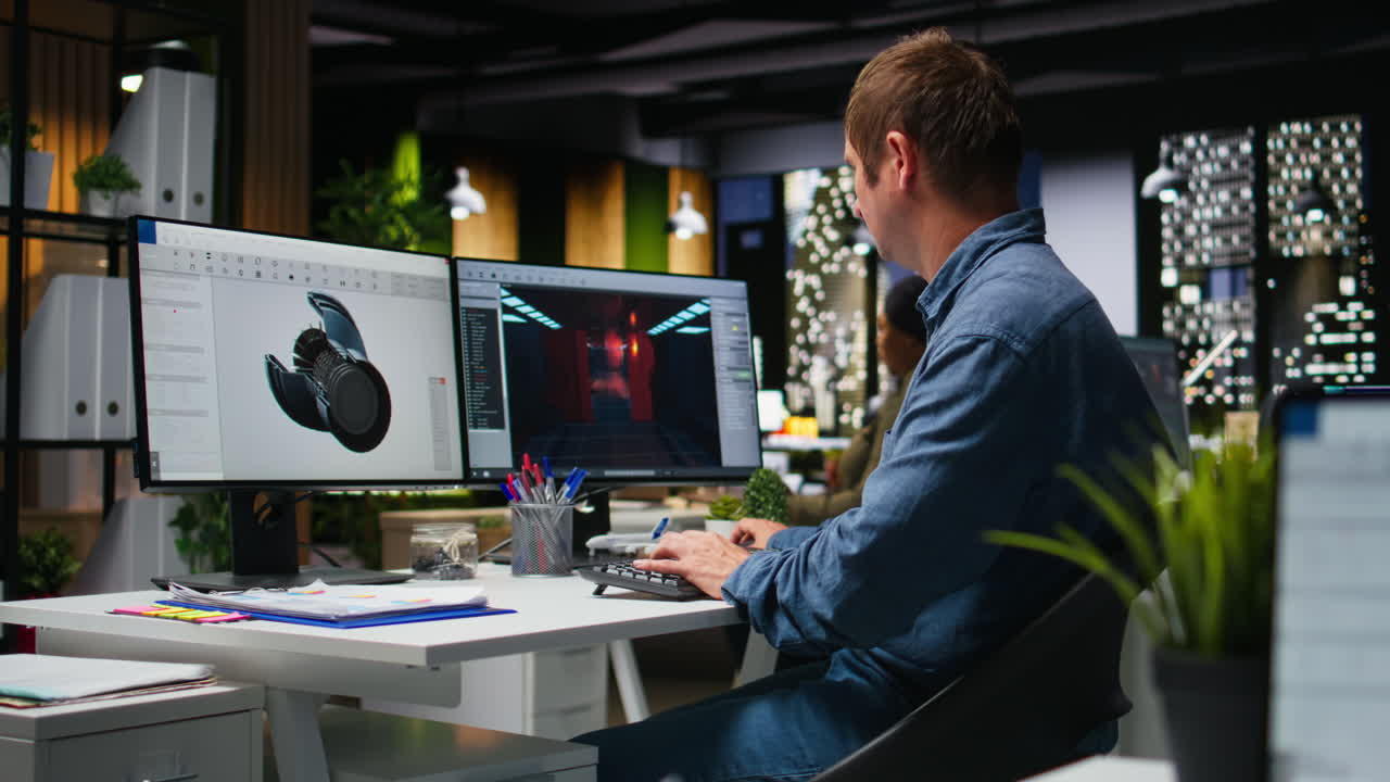 IT engineer checks AI game lobby and turbine to develop a new application