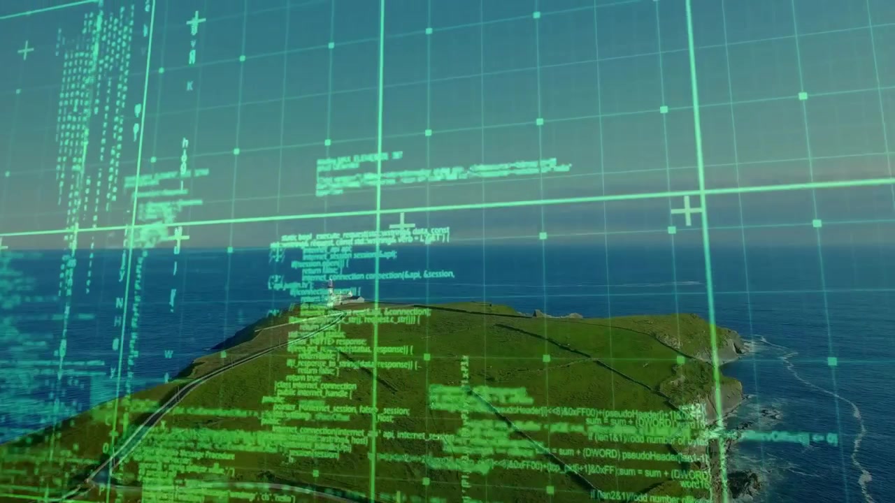 Green grid and code overlay appearing on start, scrolling and clustering to monitor coastal terrain