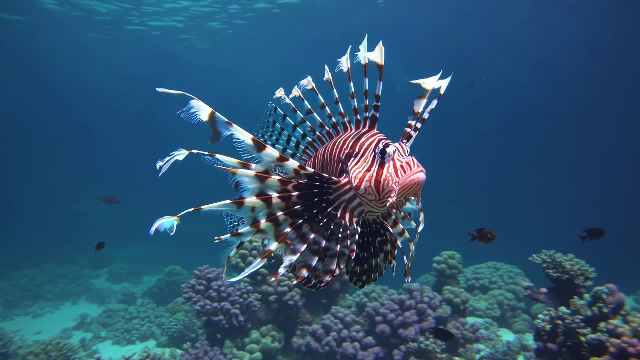 Underwater video of a lionfish swimming over a coral reef